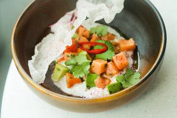Salmon ceviche with avocado and chilli pepper