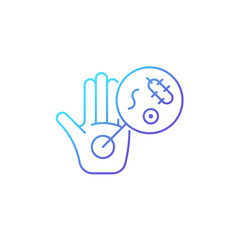 Dirty hands gradient linear vector icon. Germs on unwashed hands. Spreading infectious diseases. Contaminated palms. Thin line color symbol. Modern style pictogram. Vector isolated outline drawing