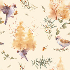 Autumn seamless pattern with trees, birds and plants. Repeating hand drawn fall background. Vintage wallpaper with sparrow