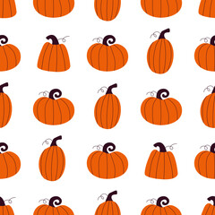 Cute orange pumpkins seamless vector pattern. Cozy autumn ornament on a white background