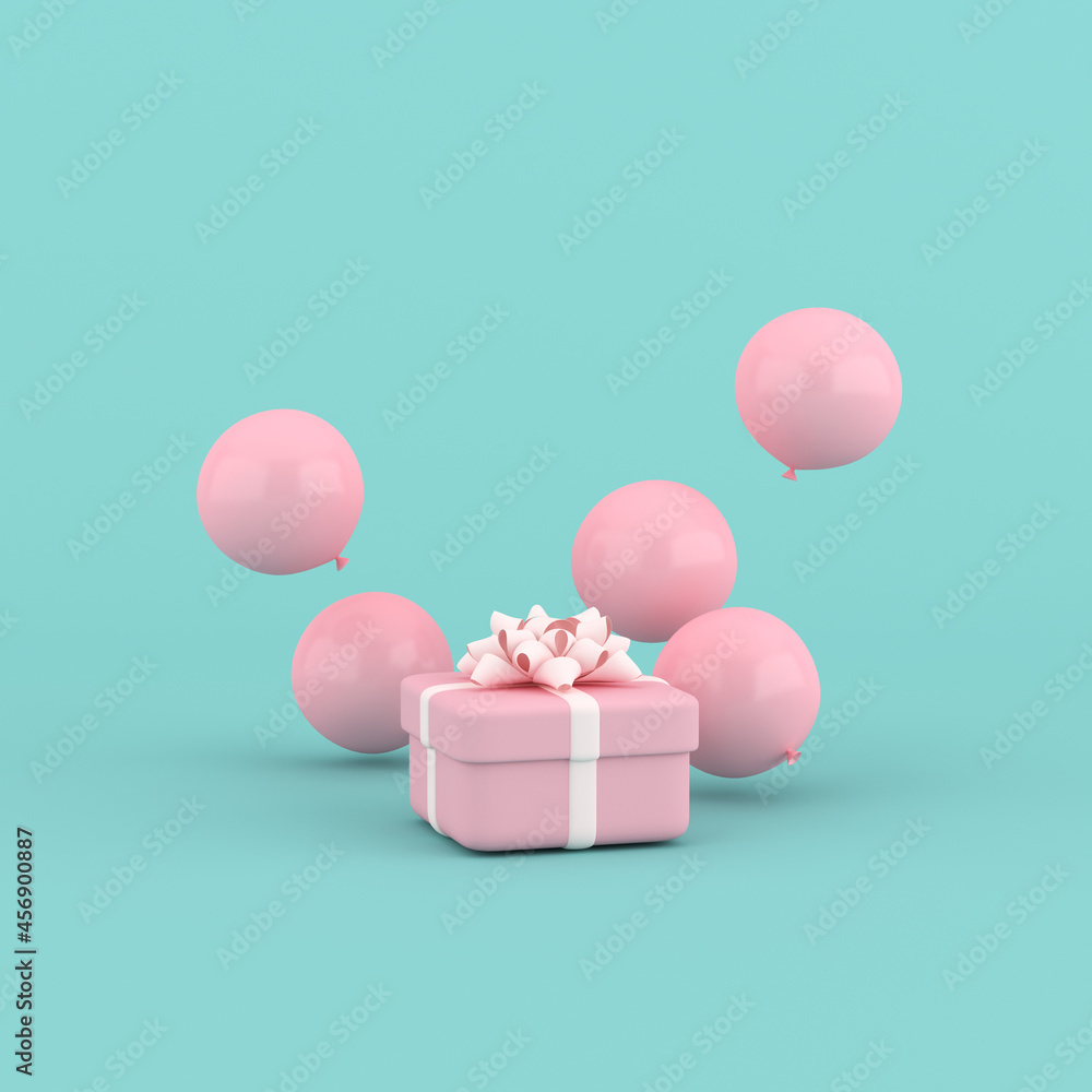 Poster 3d rendering of round gift box and balloons. minimal concept.