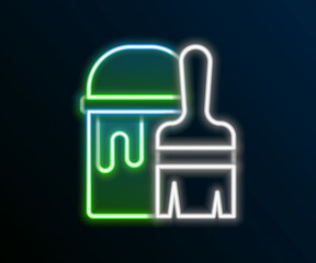 Glowing neon line Paint bucket with brush icon isolated on black background. Colorful outline concept. Vector