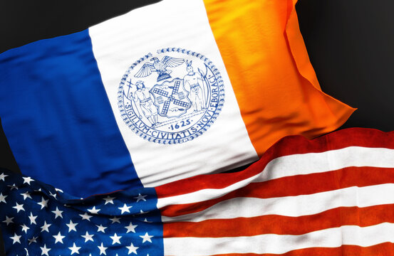 Flag of New York City along with a flag of the United States of America as a symbol of unity between them, 3d illustration