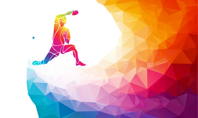 Table tennis player. Ping pong vector illustration or banner template in trendy abstract colorful polygon style with rainbow back - obrazy, fototapety, plakaty