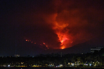 Estepona, Malaga, Spain - 9/10/2021:Fire cloud in the fire of Sierra Bermeja Mountains, Estepona, Spain