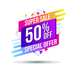 Super Sale of 50% OFF Special Offers and Discount Gradient Banner Template Vector Design. - stock vector