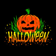 halloween pumpkin illustration with plants and typography for print, tshirt, design, poster. october