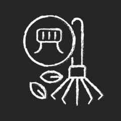 Rakes from bottle caps chalk white icon on dark background. Broom made from recycled plastics. Eco-friendly gardening tools. Sustainable broomstick. Isolated vector chalkboard illustration on black