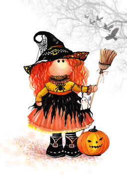 Halloween whimsical Witch Doll Illustration isolated on white background for creative projects ideas  Modern textile  dolls  Kid Friendly Halloween Decor