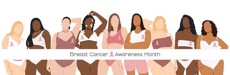 Breast cancer awareness month concept. Women of different ethnicities stand side by side together. Flat vector illustration.	
