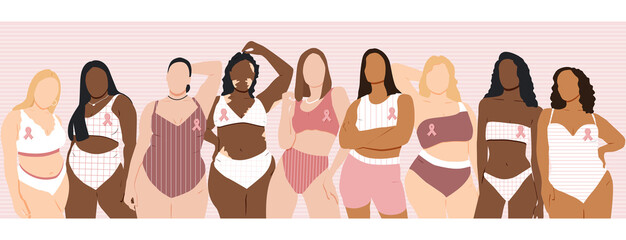 Breast cancer awareness month concept. Women of different ethnicities stand side by side together. Flat vector illustration.	 - obrazy, fototapety, plakaty