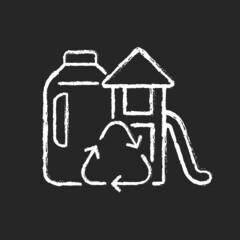 Playsets from plastic milk bottles chalk white icon on dark background. Sustainable playground for kids. Recycled plastic play equipment. Isolated vector chalkboard illustration on black