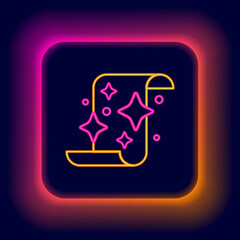 Glowing neon line Magic scroll icon isolated on black background. Decree, paper, parchment, scroll icon. Colorful outline concept. Vector