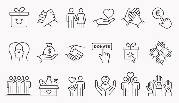 Charity line icon set. Collection of handshake, donate, gift box, help and more. Editable stroke.