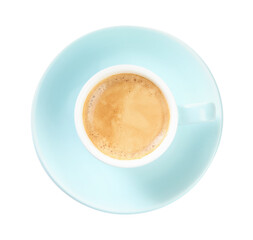 Cup of tasty coffee isolated on white, top view