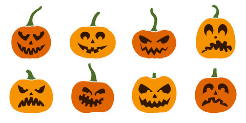 Halloween pumpkin icon set with cute faces. Scary, funny, happy and smile pumpkin face collection. Vector illustration.