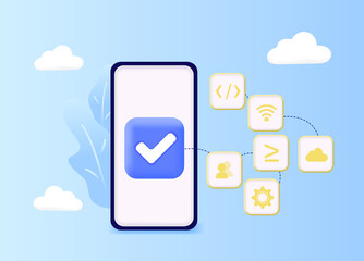 Program development, program process structure, data processing technologies. Scheme of work, phased. Digital communication. Business organization. Web banner, icons. Vector illustration.