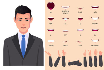 Businessman mouth animation set and lip sync with Caucasian man in grey suit Premium Vector - obrazy, fototapety, plakaty