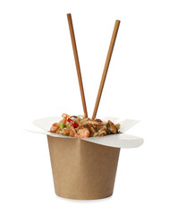 Box of wok noodles with seafood and chopsticks isolated on white