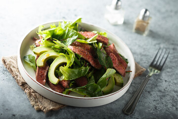 Beef steak salad with avocado