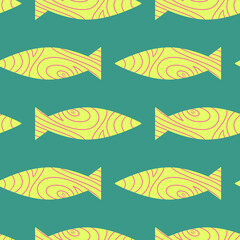 Conception de modèle sans couture de poisson pour l& 39 impression, conception de t-shirt, élément de conception. Dessin primitif. Motif de poisson coloré.