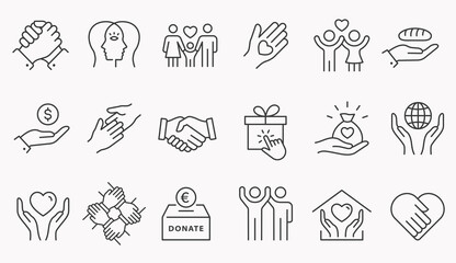 Charity line icon set. Collection of empathy, donate, volunteer, help and more. Editable stroke. - obrazy, fototapety, plakaty