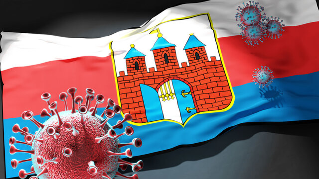 Covid in Bydgoszcz - coronavirus attacking a city flag of Bydgoszcz as a symbol of a fight and struggle with the virus pandemic in this city, 3d illustration