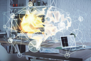 Multi exposure of brain drawing and office interior background. Concept of data technology.