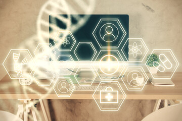 Double exposure of dna drawing and office interior background. Concept of science.