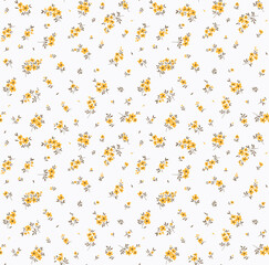 Ditsies floral pattern. Pretty flowers on white background. Printing with small yellow flowers. Ditsy print. Seamless vector texture. Spring bouquet.