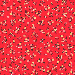 Trendy seamless vector floral pattern. Endless print made of small yellow flowers. Summer and spring motifs. Red background. Stock vector illustration © ann_and_pen