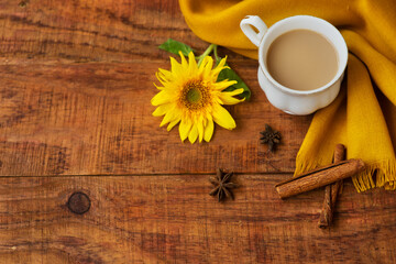 autumn tea cup composition with milk, yellow scarfs, cinnamon sticks and sunflower on a wooden background