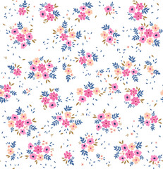 Cute floral pattern in the small flowers. Seamless vector texture. Elegant template for fashion prints. Printing with small pink and coral flowers. White background.