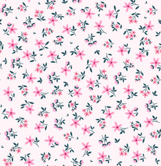 Beautiful floral pattern in small abstract flowers. Small pink flowers. White background. Ditsy print. Floral seamless background. The elegant the template for fashion prints. Stock pattern.