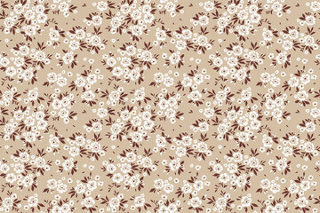 Vintage floral background. Floral pattern with small white flowers on a light beige background. Seamless pattern for design and fashion prints. Ditsy style. Stock vector illustration. © ann_and_pen
