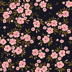 Obraz premium Vintage floral background. Floral pattern with small pink flowers on a black background. Seamless pattern for design and fashion prints. Ditsy style. Stock vector illustration.