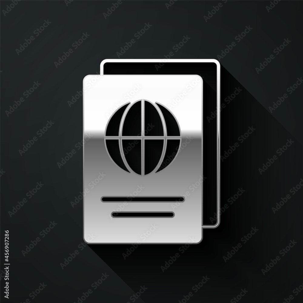 Aufkleber silver passport with biometric data icon isolated on black background. identification document. long