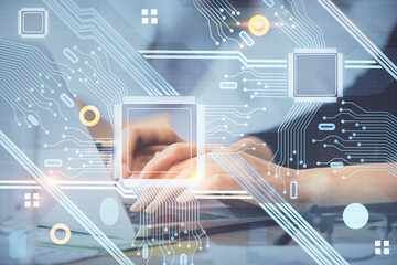 Multi exposure of woman hands working on computer and data theme hologram drawing. Tech concept.