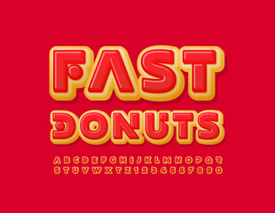 Vector advertising banner Fast Donuts. Bright Alphabet Letters and Numbers set. Creative modern Font