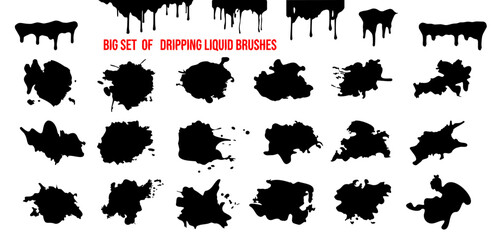 Dirty texture, quote box speech. Black ink spots big collection splashes set isolated. Paint grunge for posters, flyers, cards, banners. Vector Dripping Liquid Brushes, texture for blog highlights.