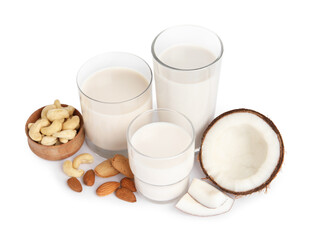 Vegan milk and different nuts on white background