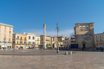 Fototapeta na wymiar Lecce, Puglia, Italy - August 18, 2021: View of Sant'Oronzo square in Lecce