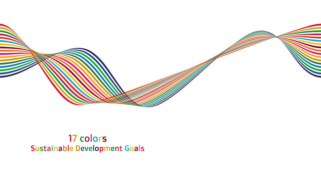 持続可能な開発目標 SDGsのイメージ 17色で構成された美しい曲線の壁紙 ベクター
 Sustainable Development Goals. Beautiful curved wallpaper in 17 colors with images of SDGs. Vector.
 The design is made up of 17 colors with the image of th