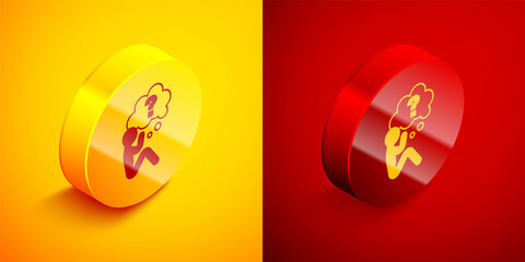 Isometric Human head with question mark icon isolated on orange and red background. Circle button. Vector