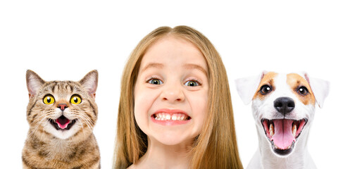 Obraz premium Portrait of cheerful smiling girl with cat and dog isolated on white background