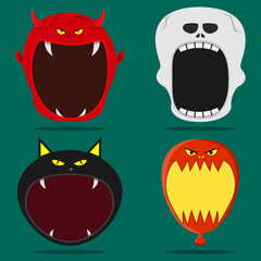 Four Halloween Character Head and Open Mouth. Devil, Skeleton, Black Cat and Balloon  Character.