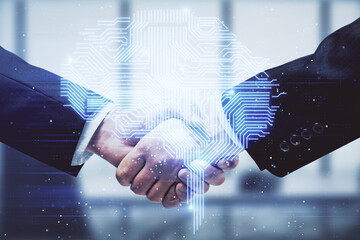 Double exposure of brain hologram and handshake of two men. Partnership in IT industry concept.