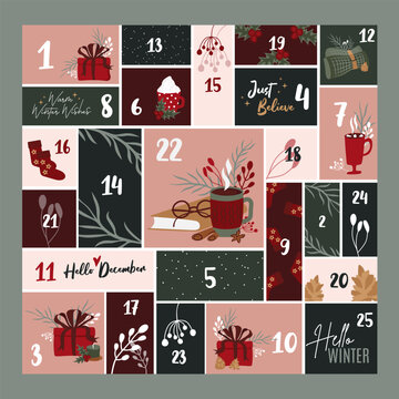 December Christmas advent calendar for 25 days. Christmas presents with numbers 1 to 25. Numbered countdown. Scandinavian style Cute Hygge winter illustration. Cozy vector in red and green colors. 