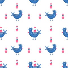Seamless pattern in decorative ethnic style with blue bird illustration for fabric, backdrop, wallpaper, backdrops, cards.