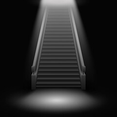A staircase with steps leading up to the light on a black background. Vector 3D illustration.